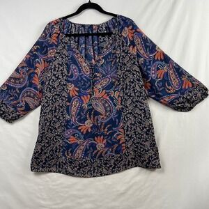 Chaps Peasant Blouse Womens XL Blue Paisley Floral Boho Top Relaxed Flowy